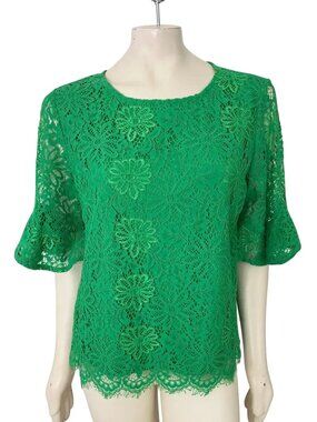 NANETTE LEPORE Hidden Meadow Lace Top in Kelly Green  SZ L